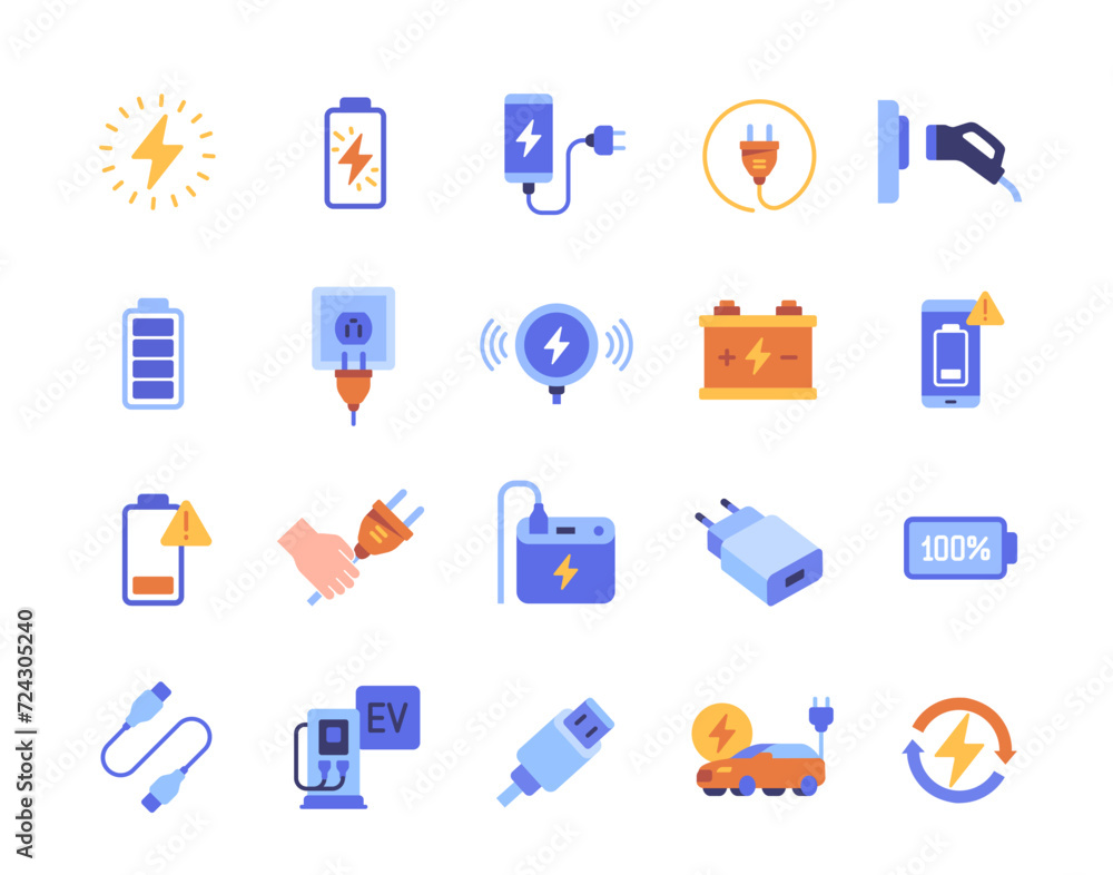 Set of colorful charging icons. Bright signs with recharge, power station, electricity, lightning, battery, energy and electric car. Cartoon flat vector collection isolated on white background Set of colorful charging icons. Bright signs with recharge, power station, electricity, lightning, battery, energy and electric car. Cartoon flat vector collection isolated on white background