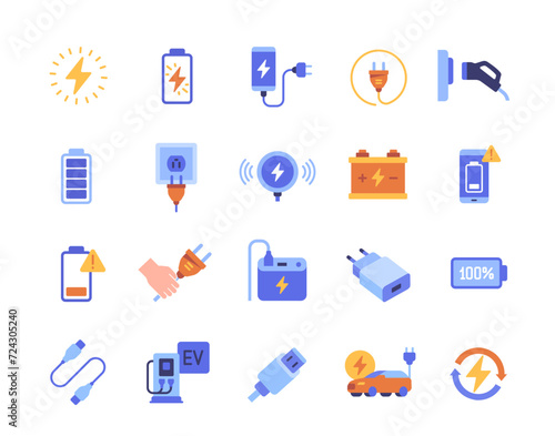 Set of colorful charging icons. Bright signs with recharge, power station, electricity, lightning, battery, energy and electric car. Cartoon flat vector collection isolated on white background