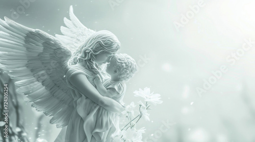 A winged guardian angel shielding a child from a dangerous fall their presence ly visible but their protection felt. photo