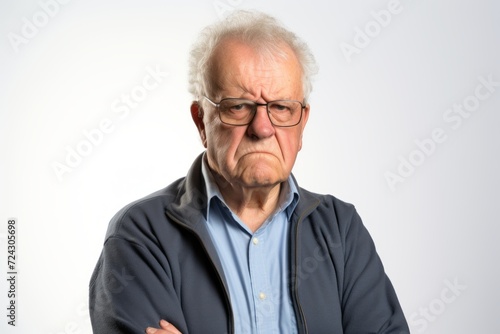 Elderly man with a serious expression on his face on grey background © Iigo