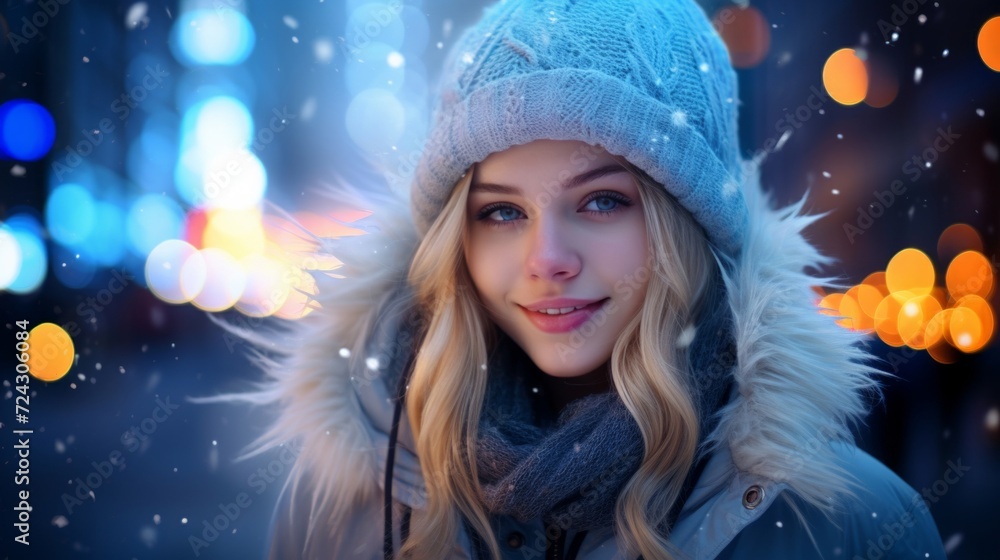 A serene portrait of a smiling girl wearing a winter hat, with snowflakes and bokeh lights. A serene portrait of a smiling girl wearing a winter hat, with snowflakes and bokeh lights.