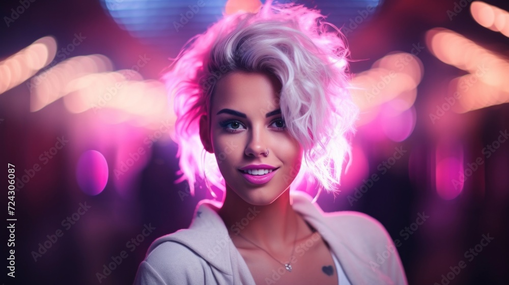 A young woman with a radiant smile illuminated by vivid neon lights in a dynamic urban night setting. A young woman with a radiant smile illuminated by vivid neon lights in a dynamic urban night setting.