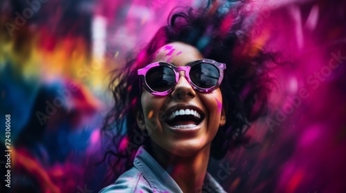 A vibrant image capturing a woman with sunglasses celebrating, surrounded by vivid Holi colors.
