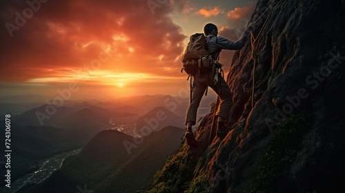 An adventurer ascends a steep cliff against a stunning sunset backdrop in rugged mountains. © red_orange_stock