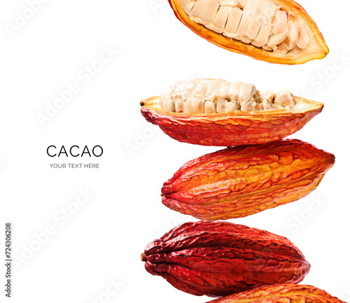 Creative concept made of cacao fruit on the white background. Flat lay. Food concept. Macro concept.