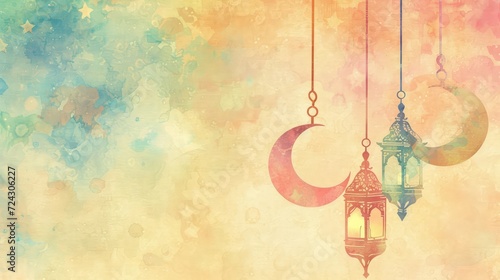 Whimsical Ramadan Greetings Card with Crescent Moons and Pastel Watercolors photo