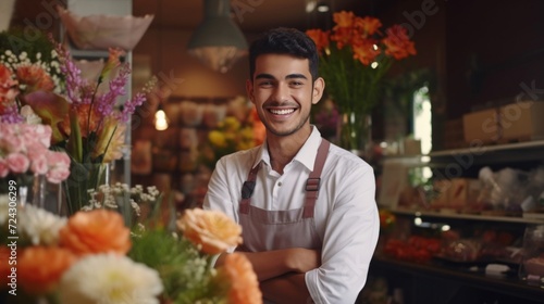 A cheerful young male florist with a bright smile standing in a flower shop surrounded by colorful blooms.