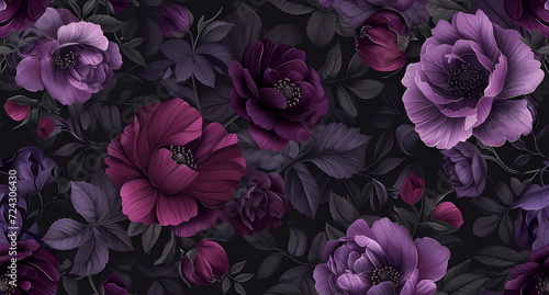 black floral background with purple flowers photo