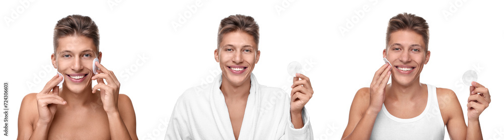 Handsome man with cotton pads on white background, set of photos Handsome man with cotton pads on white background, set of photos