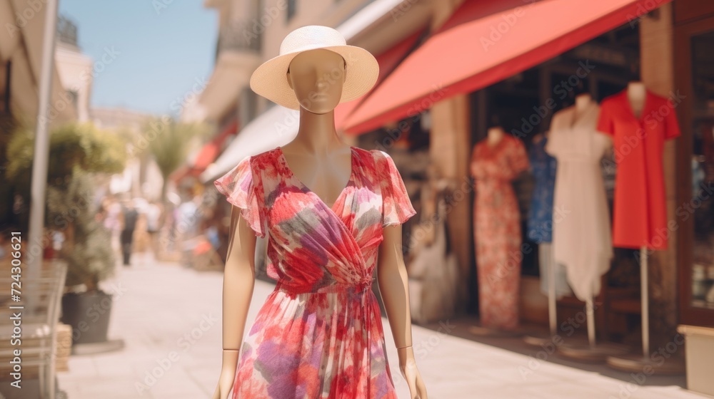 A stylish mannequin showcases a vibrant summer dress on a sunny shopping street with boutique shops. A stylish mannequin showcases a vibrant summer dress on a sunny shopping street with boutique shops.