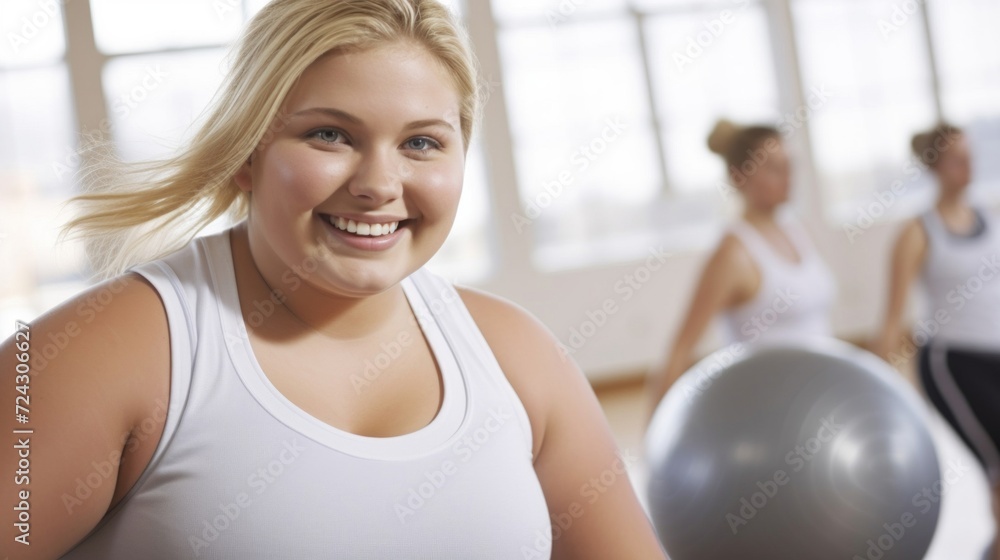 A cheerful plus-size young woman holding a fitness ball in a bright gym setting, promoting health and well-being. A cheerful plus-size young woman holding a fitness ball in a bright gym setting, promoting health and well-being.