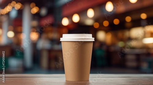 A disposable coffee cup awaits a customer on a cafe counter  with a warm  bokeh light atmosphere.