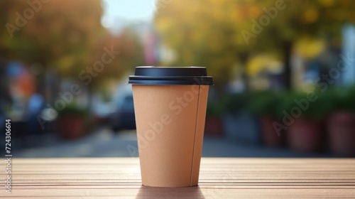 A takeaway coffee cup stands on an outdoor wooden table amidst a blurred urban background.