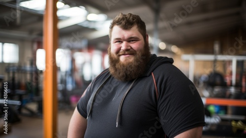 A friendly bearded man smiles warmly at the camera in a well-equipped gym environment.