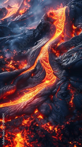 Molten Lava Flowing Through Volcanic Terrain. Generative ai
