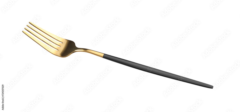 One shiny golden fork with black handle isolated on white One shiny golden fork with black handle isolated on white