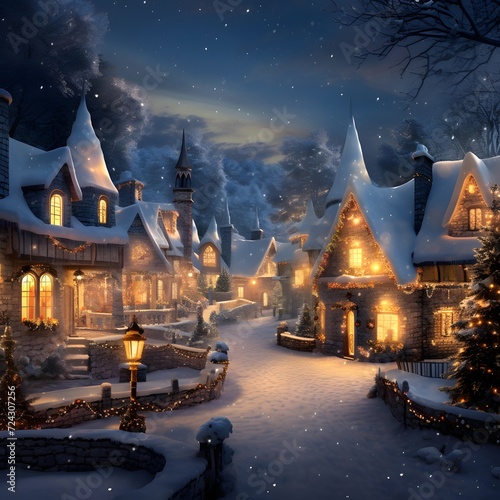 Christmas and New Year background. Winter night in the village. Illustration