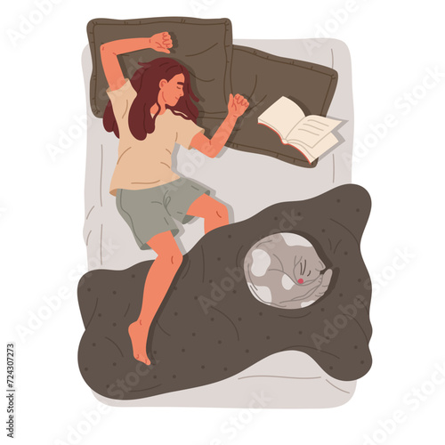 Girl and her pet relaxing under blanket. Female character resting in bed with cute cat flat hand drawn vector illustration. Sleeping person in bed