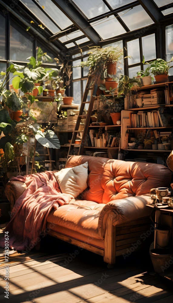 Interior of a living room with a sofa, bookshelves and plants