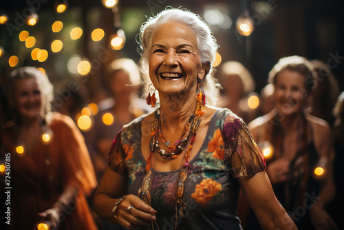 Amidst the welcoming atmosphere of a retreat center for the elderly, a joyful old Caucasian woman shares laughter and dance with her fellow seniors. 