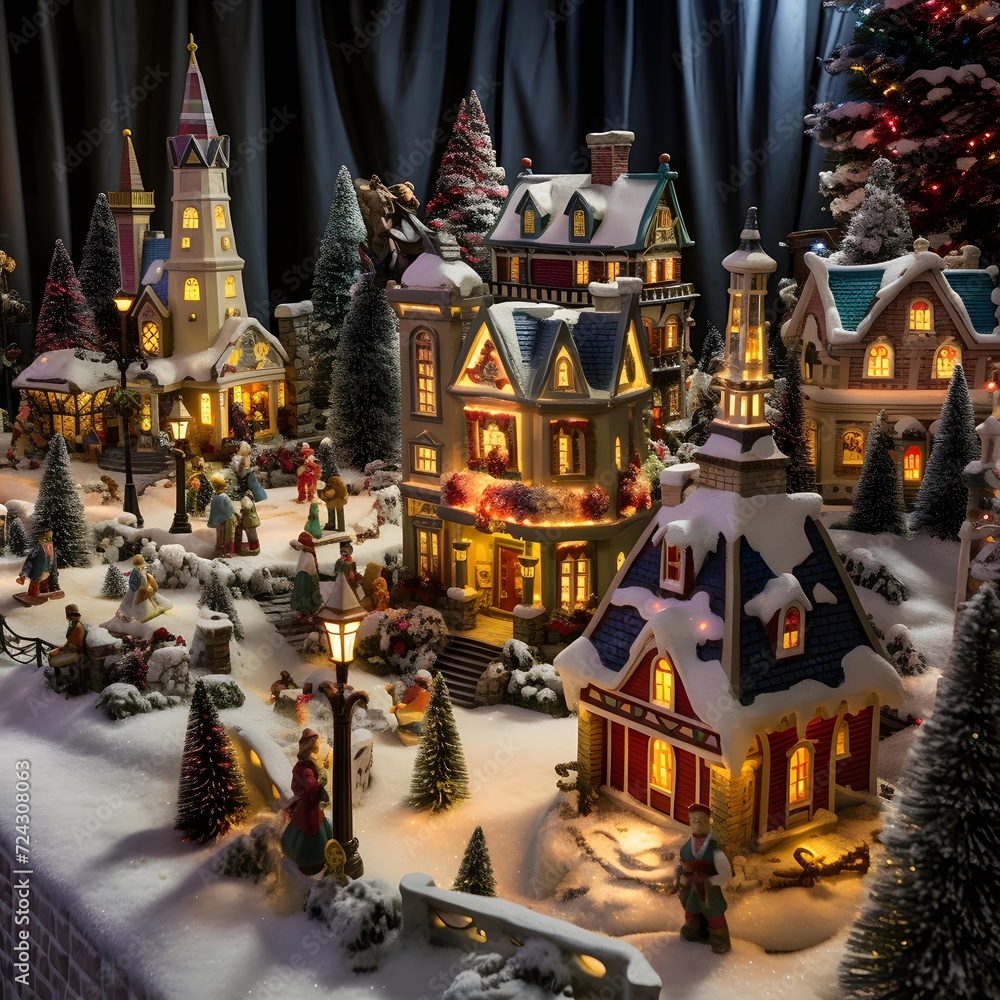 Christmas and New Year miniature village with houses and trees in the snow