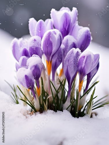 Crocus spring flower Growth In The Snow. Beautiful Floral wide panorama. Purple Crocus Iridaceae, copy space - generative ai © Nia™