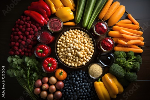 A healthy diet concept. Flat lay image of fresh vegetables  berries  beans  nuts and greens.