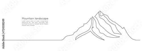One continuous line drawing of mountain range landscape. Abstract web banner with hill and snow peak in simple linear style. Winter ski sport concept editable stroke. Outline vector illustration