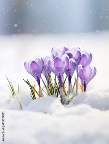 Crocus spring flower Growth In The Snow. Beautiful Floral wide panorama. Purple Crocus Iridaceae, copy space - generative ai © Nia™