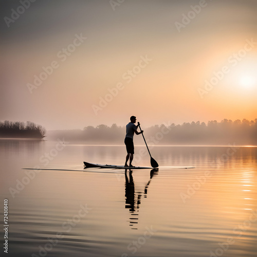 paddle boarder on a calm lake at sunrise