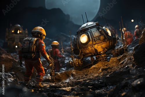 Astronauts and advanced robots collaborate seamlessly in the challenging environment of space mining.