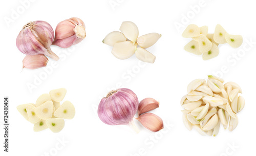 Whole and cut fresh garlic isolated on white, set