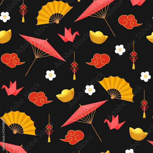 Japanese seamless pattern with different traditional symbols.
