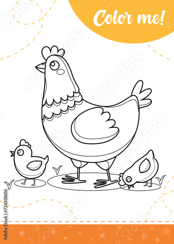 Coloring page for kids with chicken and chicks.
A printable worksheet, vector illustration.