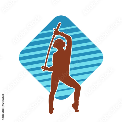 Silhouette of a female fighter in action pose carrying sword weapon.