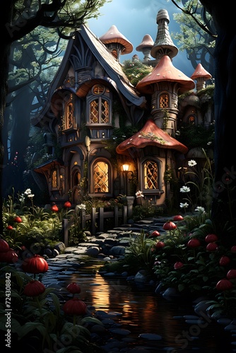 Halloween magic house in the dark forest. 3D rendering.