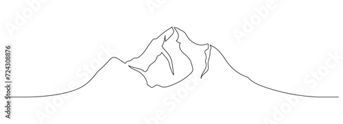 One continuous line drawing of mountain range landscape. Abstract web banner with hill and snow peak in simple linear style. Winter sports concept editable stroke. Doodle vector illustration