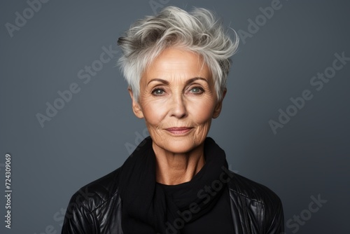 Portrait of a beautiful senior woman with grey hair wearing black clothes