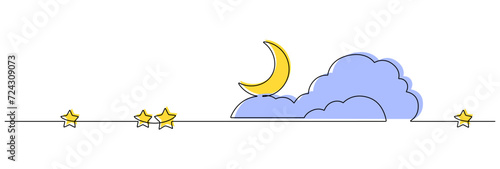 One continuous line drawing of Moon with cloud and stars. Sweet dream concept for nursery in simple linear style. Sleep symbol with crescent in Editable stroke. Doodle hand drawn vector illustration