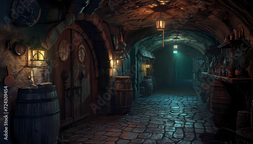 dark hallway with doors and lights in dark cellar