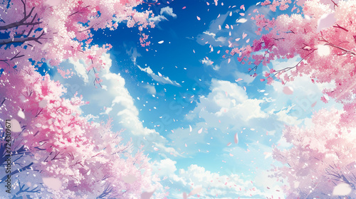 満開の桜と青空に舞い上がる花びらのイラスト背景 © AYANO