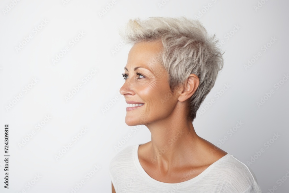 Portrait of a happy mature woman with short blond hair looking away