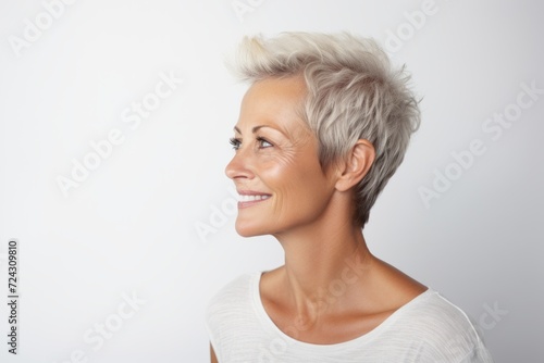 Portrait of a happy mature woman with short blond hair looking away