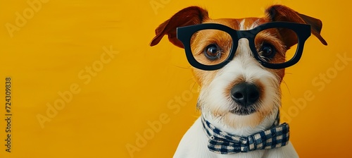 Smart dog wearing stylish black glasses on vibrant yellow background with copy space