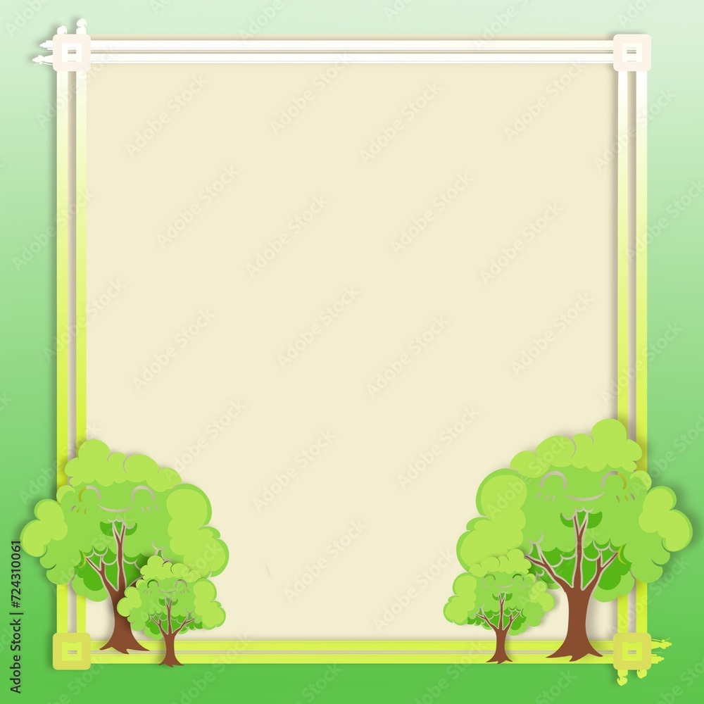 green background with square frame and trees for text. Illustration in cartoon style. green background with square frame and trees for text. Illustration in cartoon style.