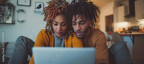 Multiracial young couple enjoying quality time together watching laptop on sofa at home