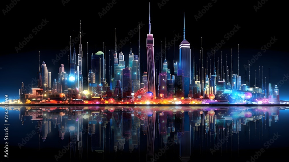 Shanghai skyline at night with reflection in water. Panorama.