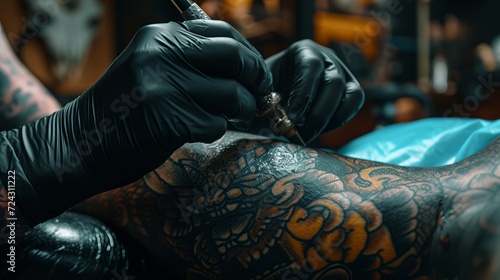 Close up of woman receiving a detailed tattoo on her hand in a professional tattoo studio