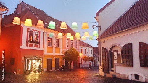 Hungary Szentendre colorful lanterns lights decorations in old town along Rhine river and Danube river
 photo