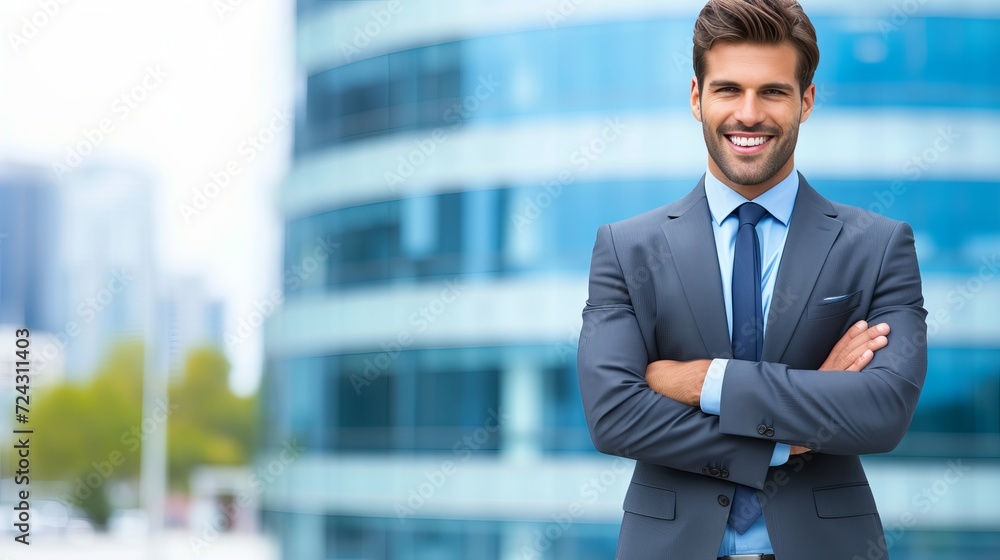 Portrait of handsome young businessman outdoors with blurred defocused business center background